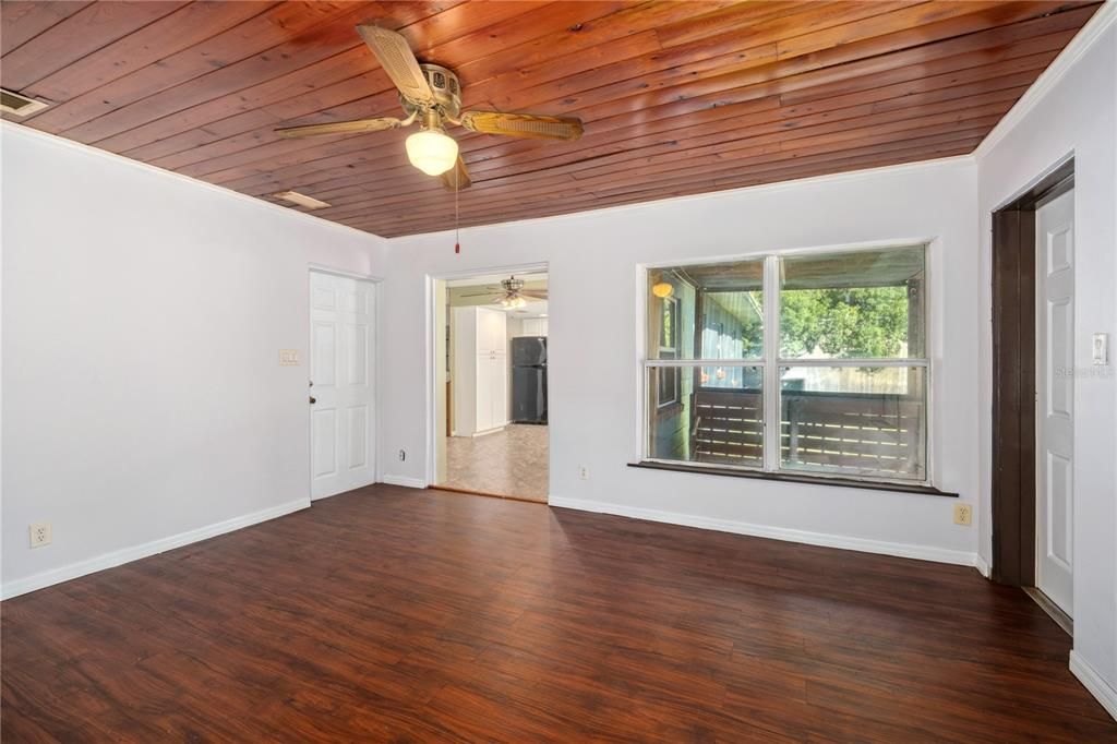 Paneled wood ceiling in the den