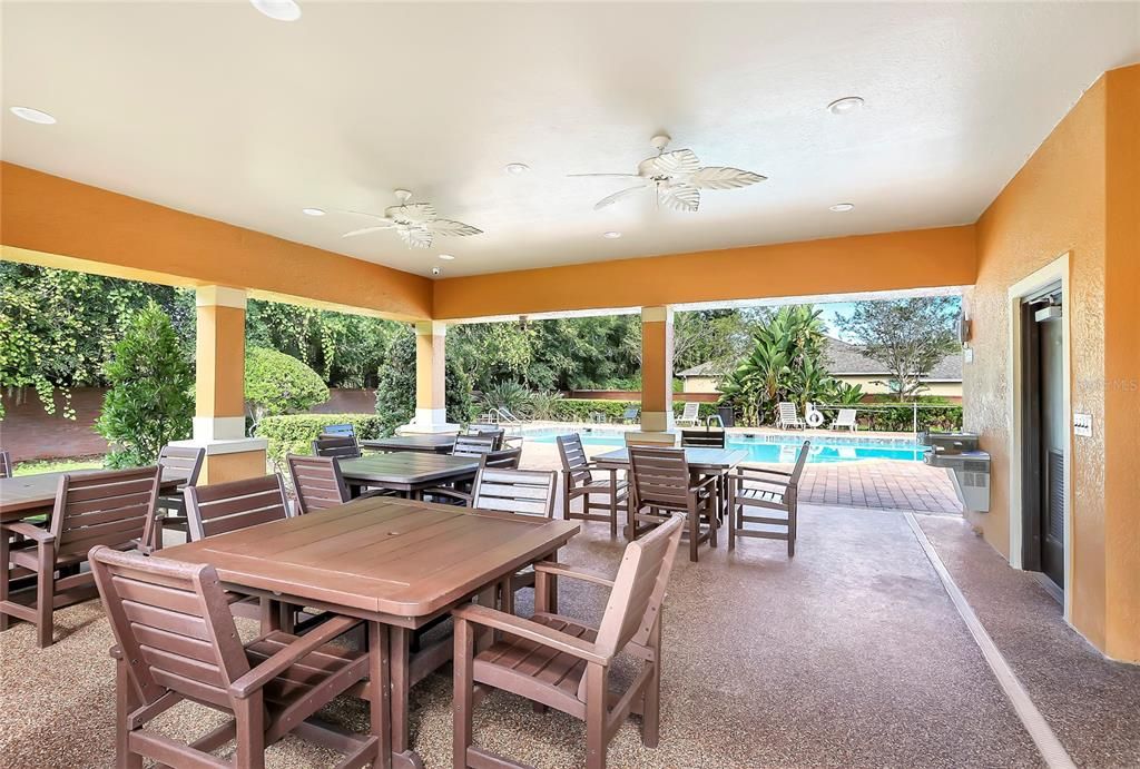 Tables, chairs and covered cabana