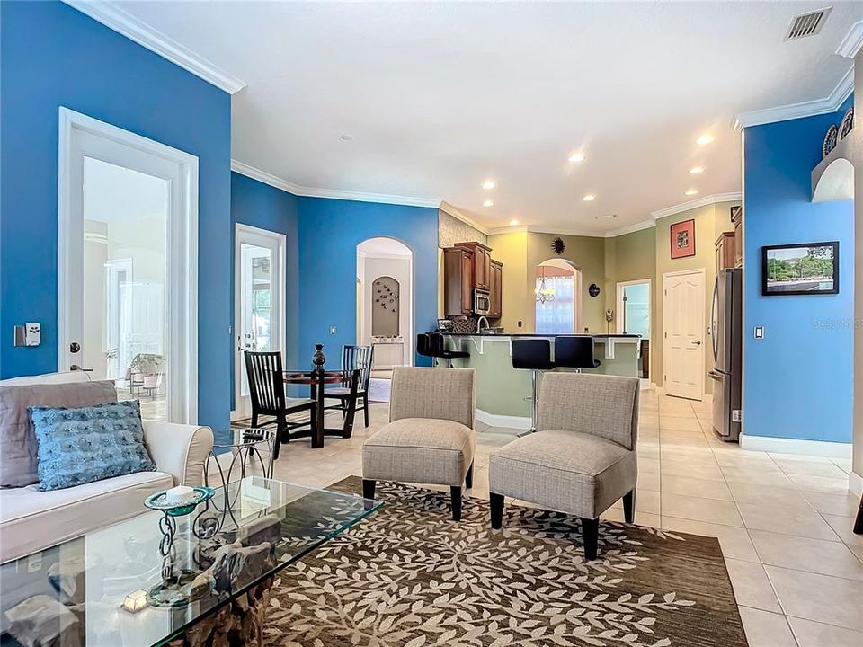 family room view to kitchen