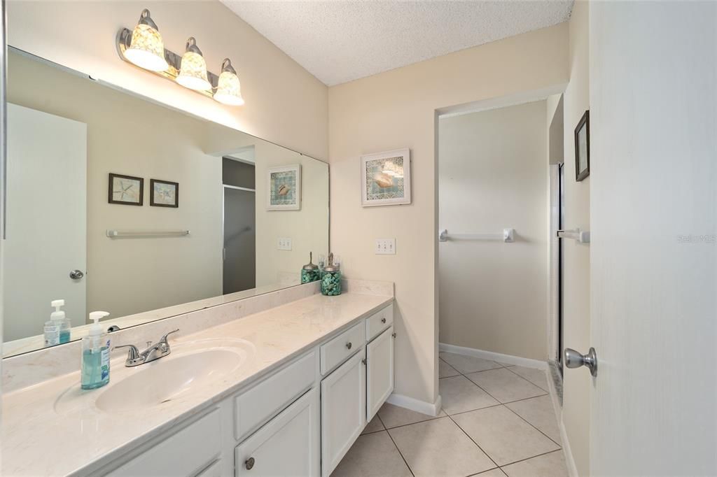 The master bath has lots of counter space and a water closet at the end to the left.