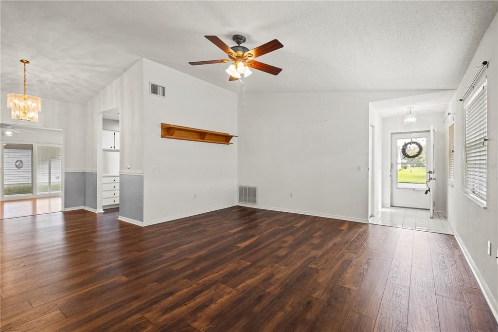 View of great room , front entry and dining area