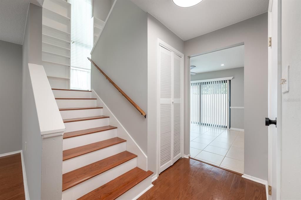 Staircase/landing has added character with the built-in shelving.