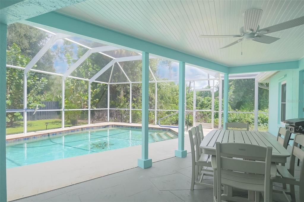 Large lanai in the screened pool area.  Partially fenced.