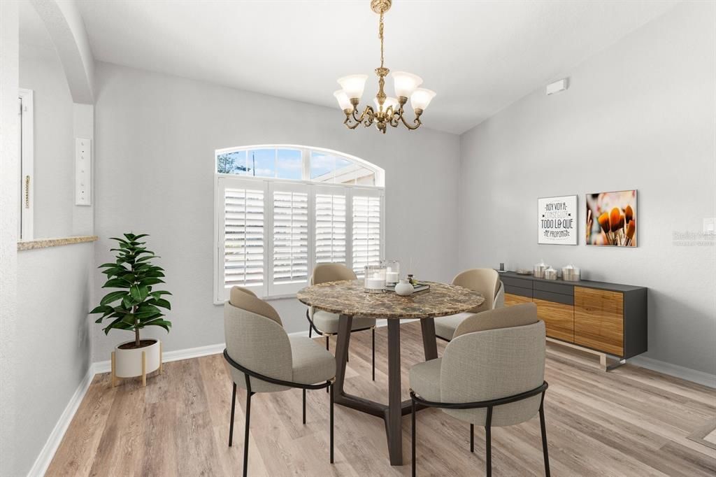 Dining Room w/ Plantation Shutters, Vaulted Ceiling & NEW Luxury Vinyl Planking ...Virtually Staged