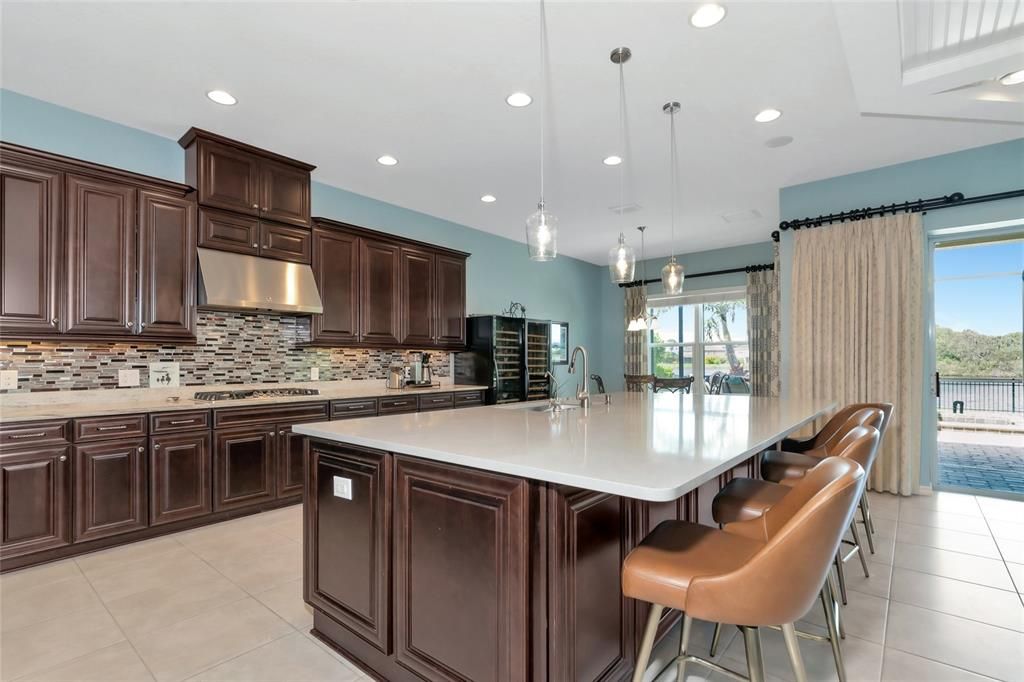 3cm quartz island 125"x 69", large deep stainless sink, 3cm granite counters, glass & stone backsplash.