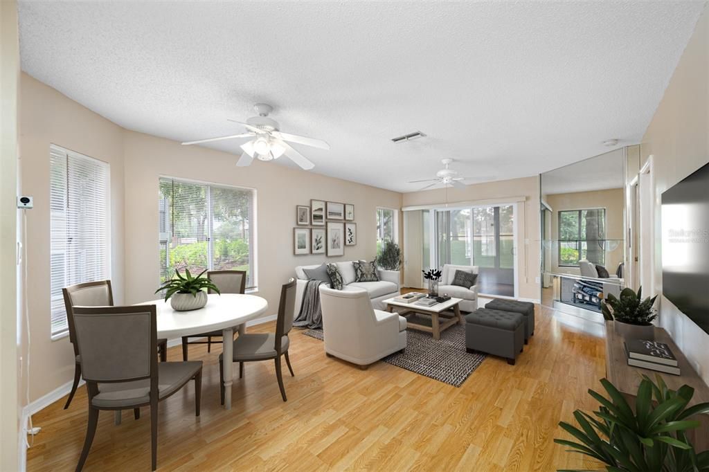 Living and dining room virtually staged