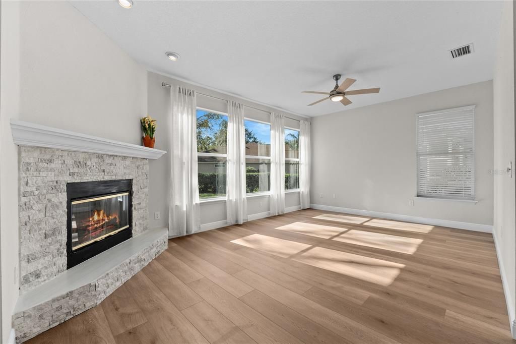 Wood fireplace in Family room