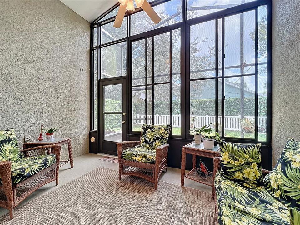 Back porch with high ceilings