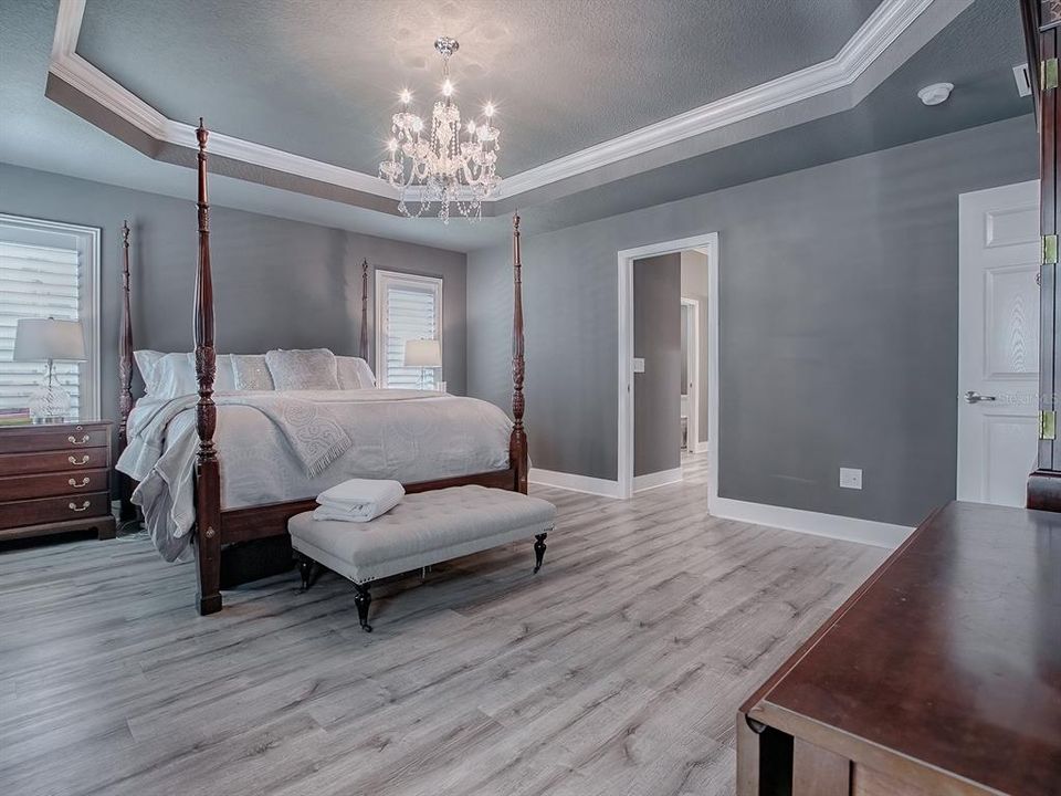 THE TRAY CEILING ELEGANTLY ACCENTED WITH CROWN TRIM AND CUSTOM CHANDALIER ADDS A TOUCH OF LUXURY.