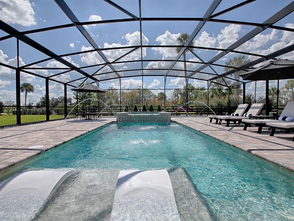 SPECTACULAR POOL AND SPA WITH SUN SHELF AND JETS OFFERING A PLEASING LOOK AND SOUND TO THIS FABULOUS OUTDOOR OASIS!