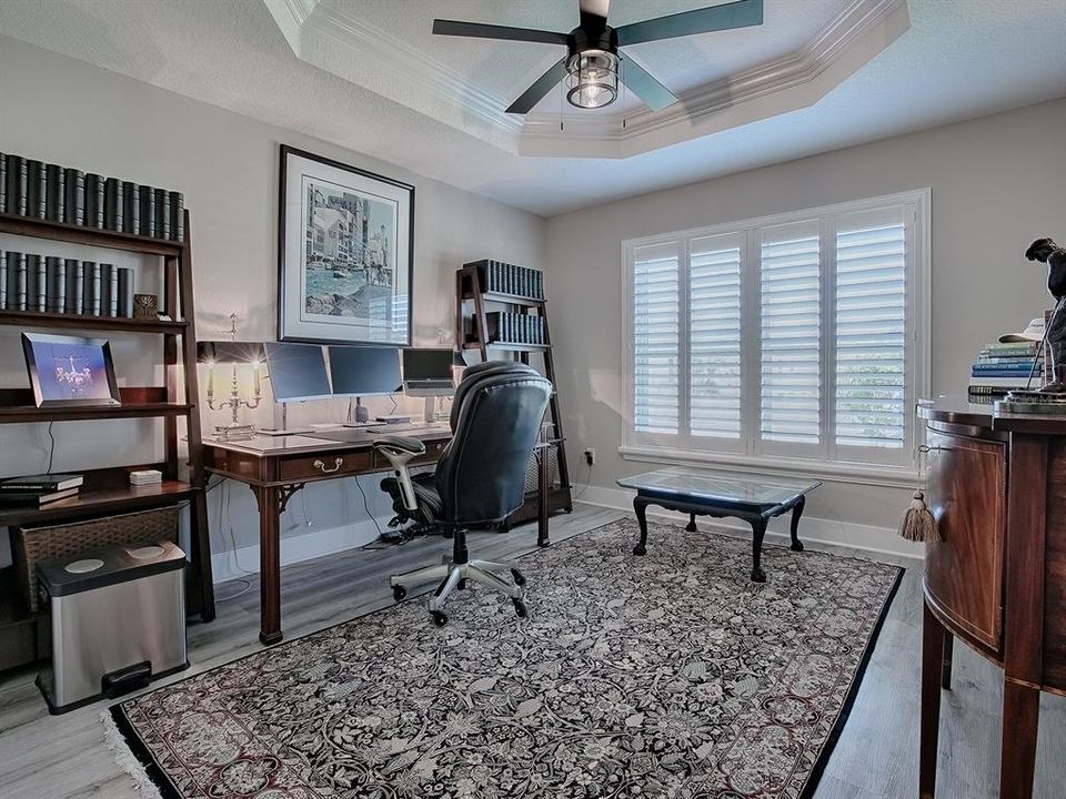 FRONT GUEST ROOM IS BEING USED AS AN OFFICE. DEOCRATIVE TRAY CEILING AND CUSTOM FAN.