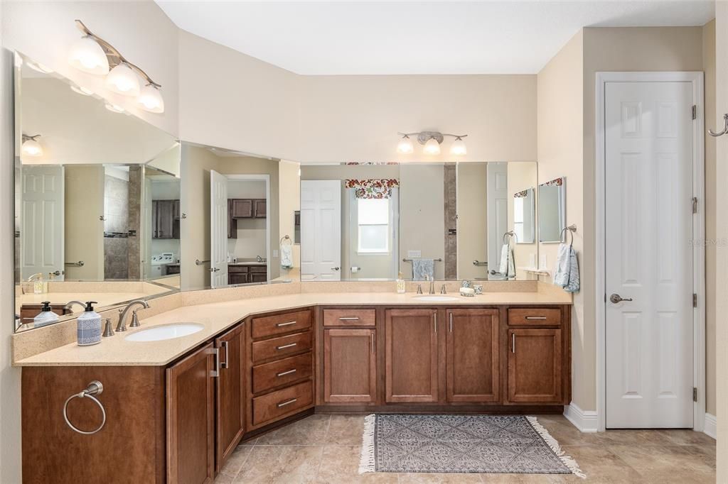 Two sinks and lots of counter space and cabinets