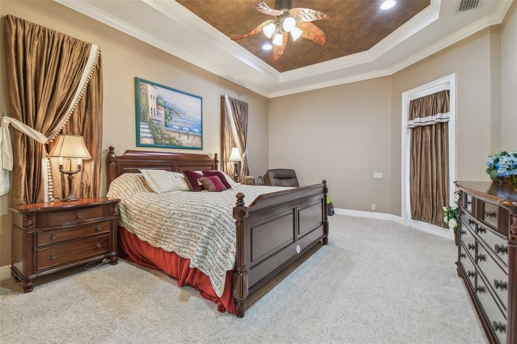 Primary bedroom with tray ceiling.