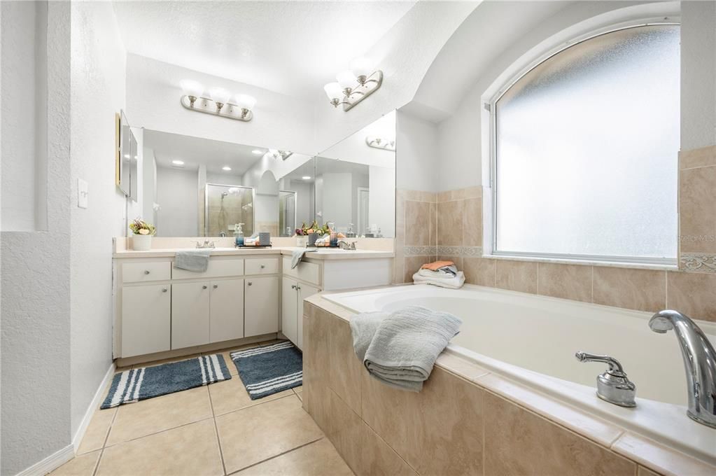 primary bathroom, dual sinks, tub view