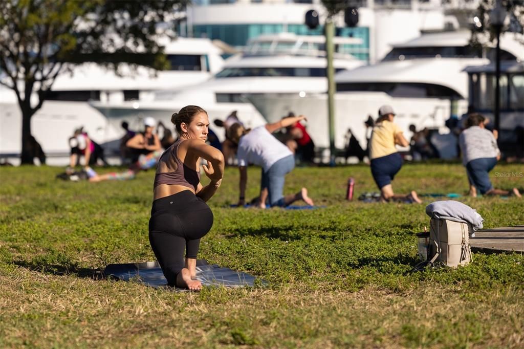 "Yoga by the Bay with Erin" is a free class in Bayfront Park, Tuesday nights and Saturday mornings.