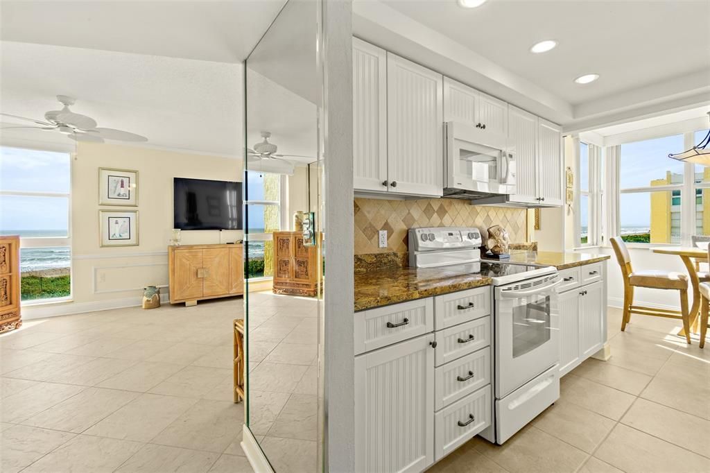 Spacious kitchen with a beautiful view.