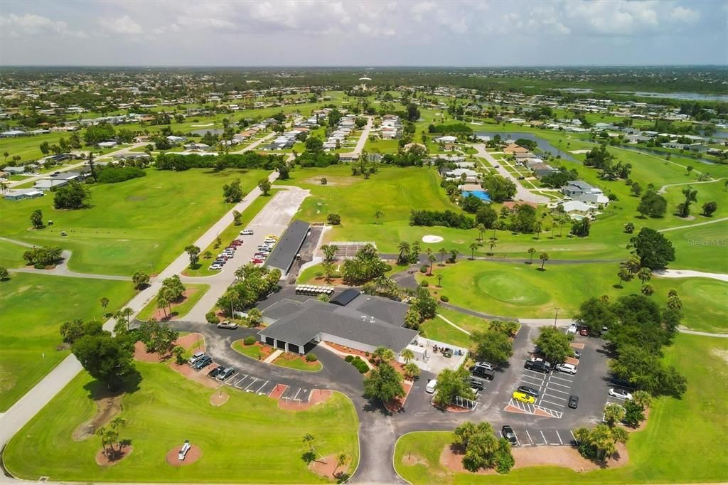 A view from above of The Hills clubhouse and restaurant.