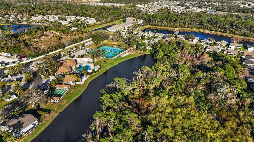 AERIAL VIEW TOWARDS PARK FOREST BLVD, CLUBHOUSE, POOL AND PICKLEBALL COURTS.