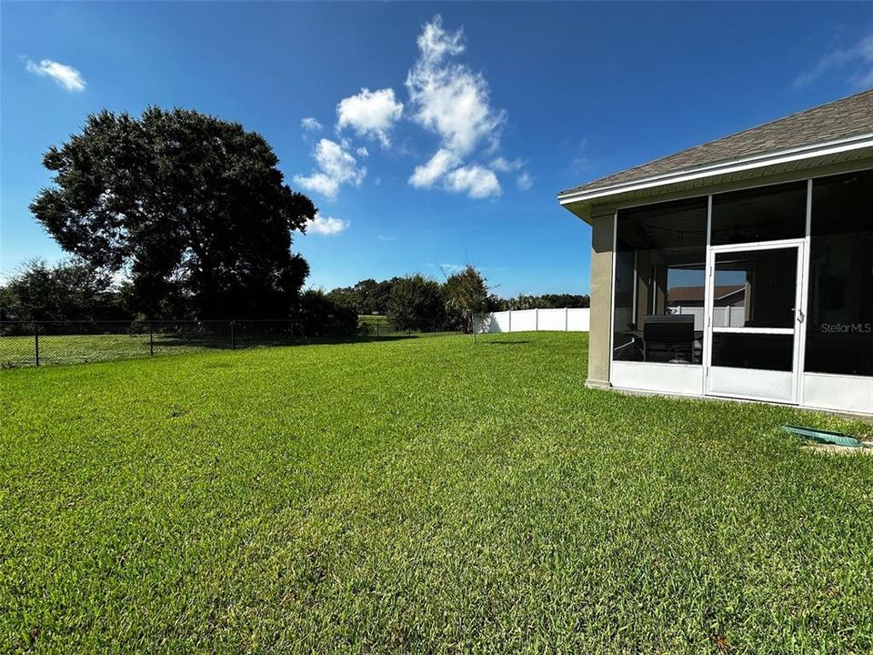 Huge fenced yard overlooking a small pond