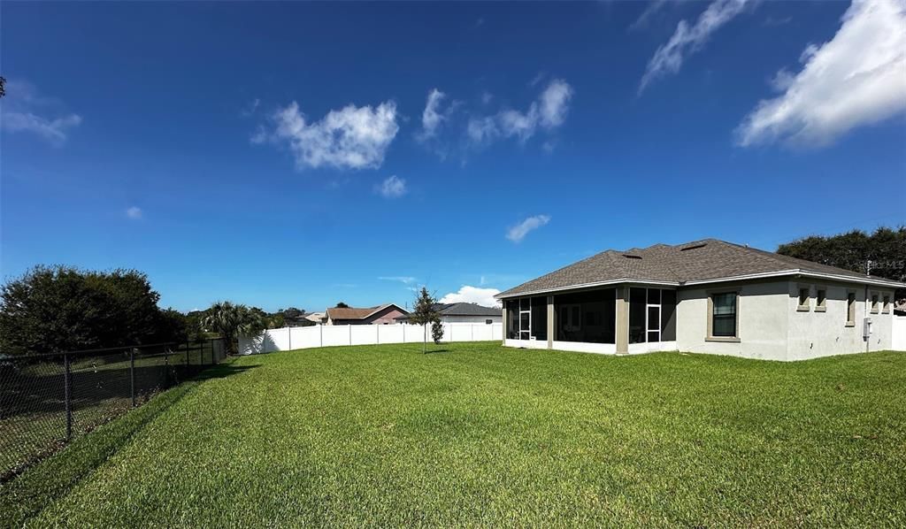 Huge fenced yard overlooking a small pond