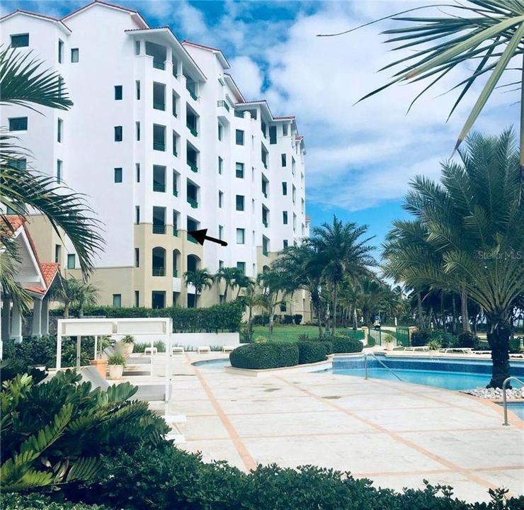 Apartment faces the signature 16th hole of the Ocean Course and beach.  Showing view from pool area.