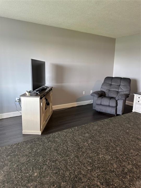 Living room area with wooden laminate flooring.