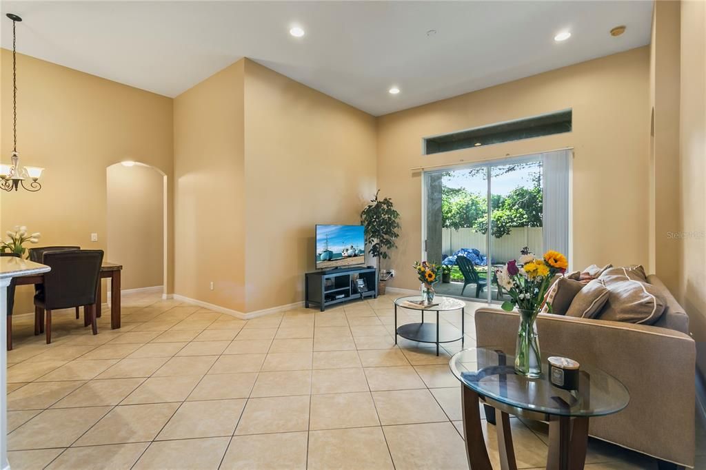 Soaring ceilings and ceramic tile in great room