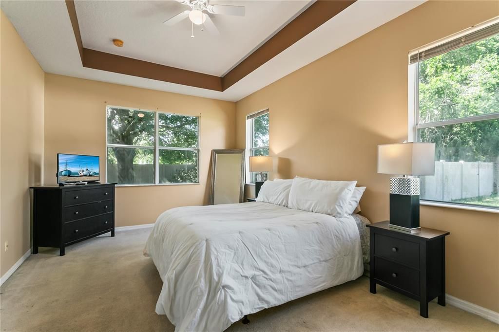 Grand primary bedroom with tray ceiling