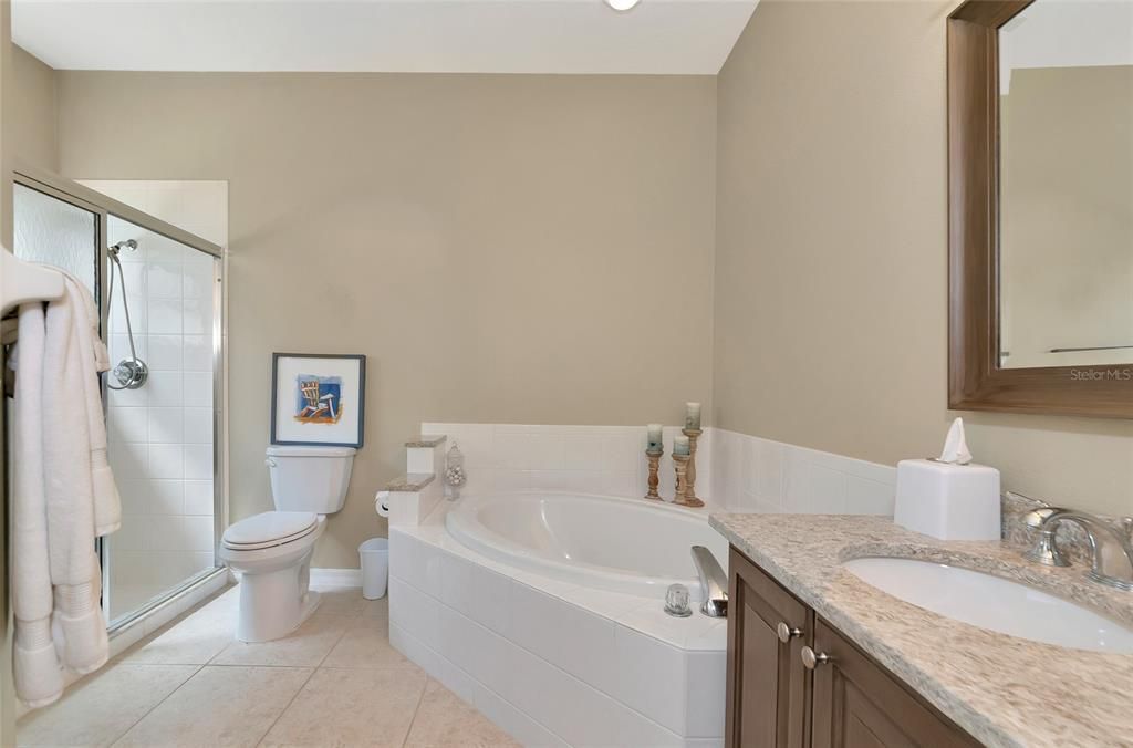 Primary suite bath with shower & separate tub.