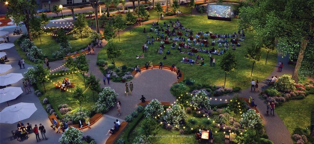 Renderings of the up and coming Seven Oaks Park, a 1.5-acre green space designed to promote community and wellness.