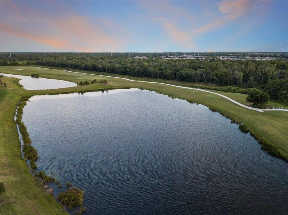 Aerial view of the lake and golf course.