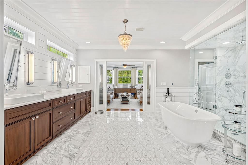 Primary Bathroom with heated Calcutta Gold marble floors