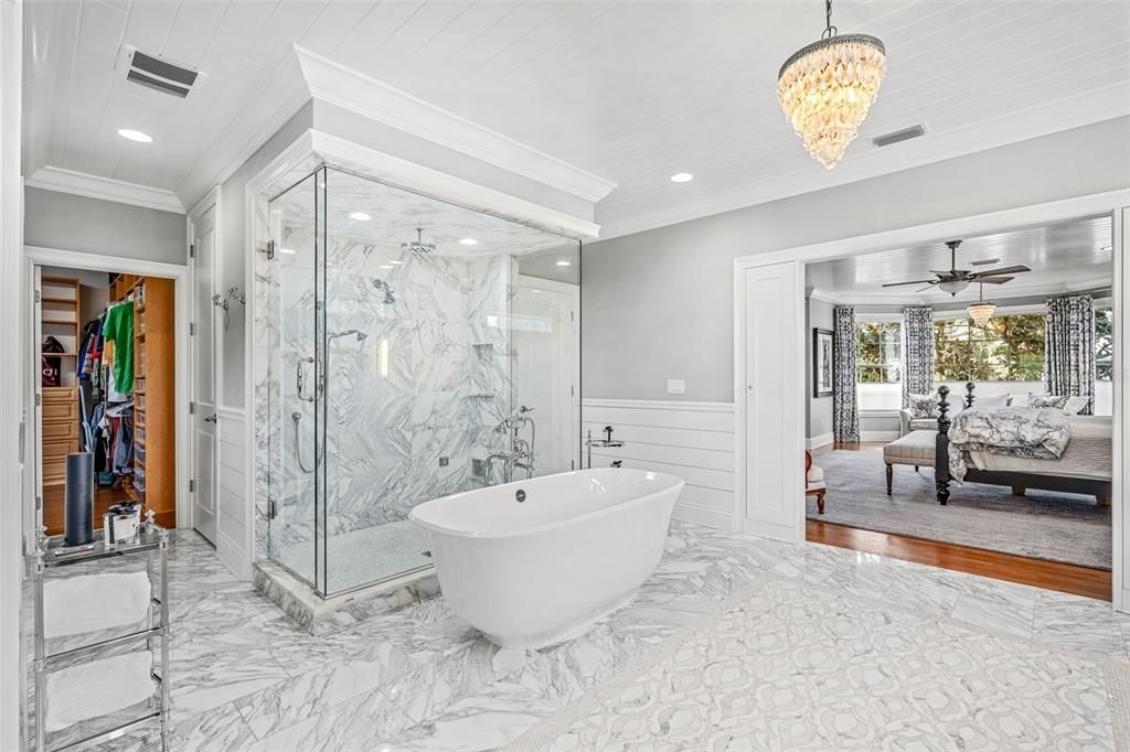 Primary Bathroom with heated Calcutta Gold marble floors