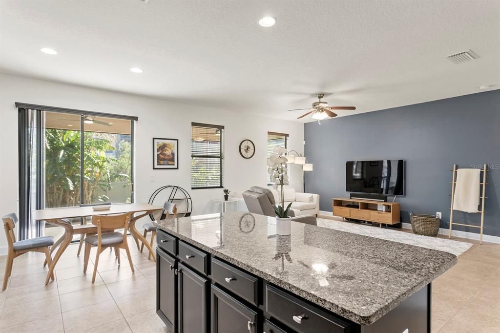 Views from the kitchen island towards the dinette & family room