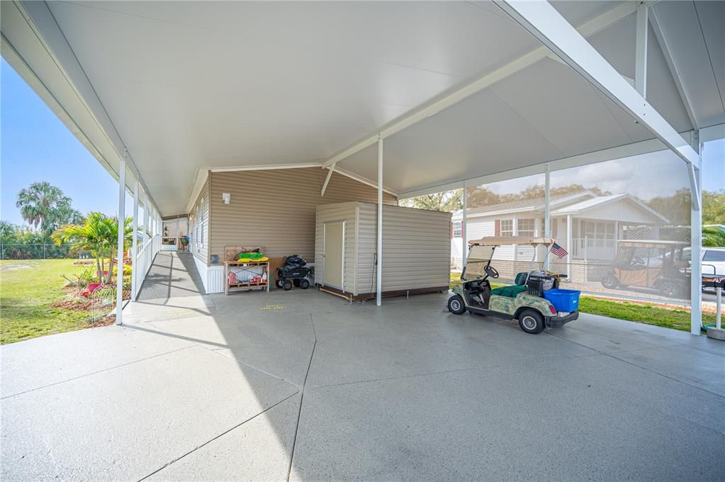 Covered patio with shed