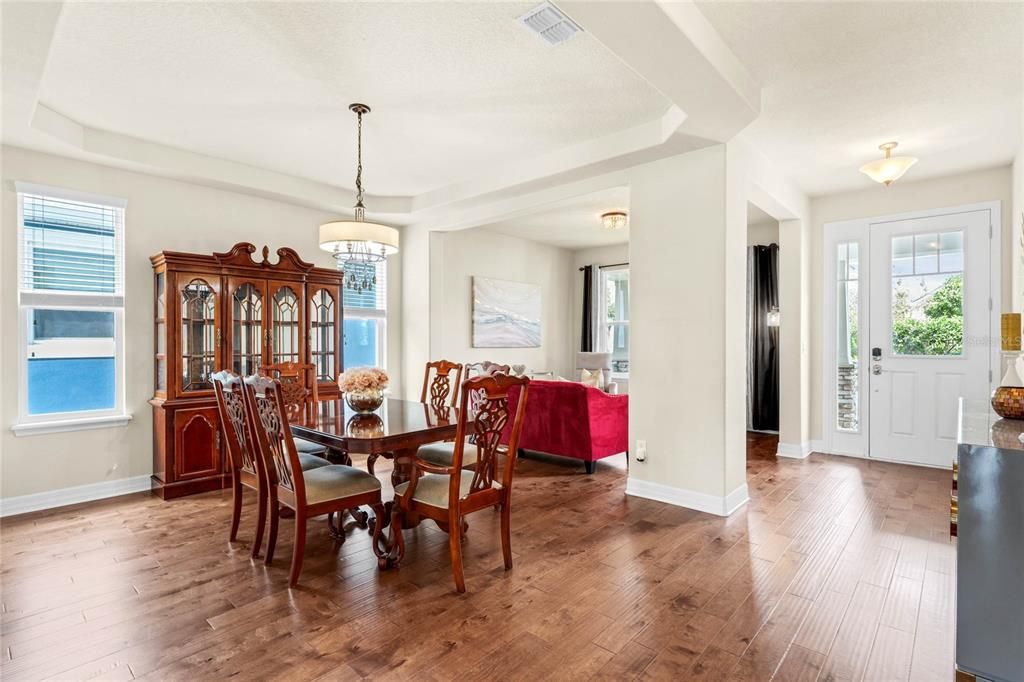 Gorgeous ENGINEERED HARDWOOD FLOORS run throughout for a cohesive look and easy maintenance, starting in your formal living and dining rooms - host family and entertain friends in comfortable style with custom light fixtures and a lovely tray ceiling.