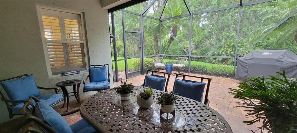 Private covered lanai and large caged patio with greenscape view