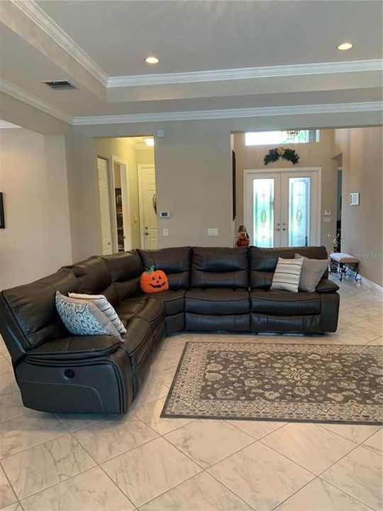 living room with tray ceiling