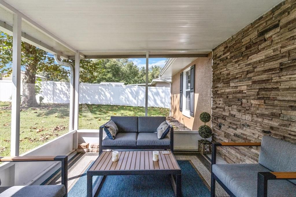 Covered, Screened Lanai w/ Stacked Stone Veneer Accent Wall