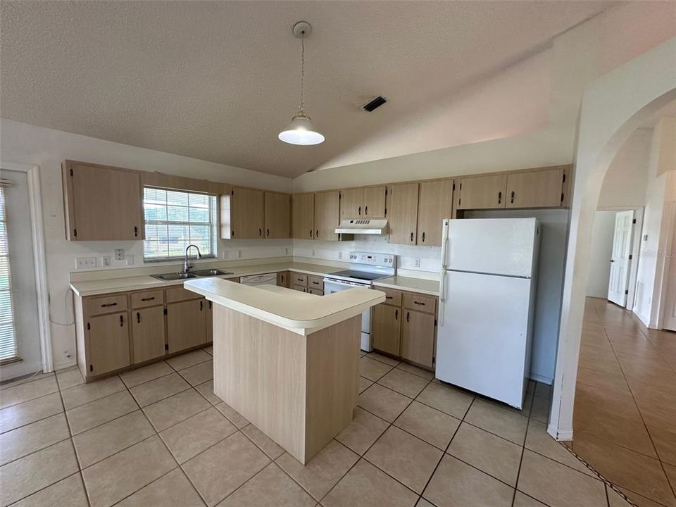 The kitchen offers plenty of natural light and views of Little Lake Nellie just above the sink.  There is additional storage in the island and all appliances will be staying with the home.