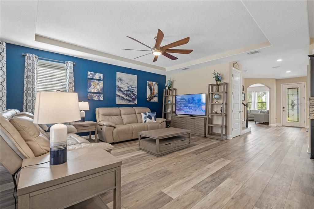 Family Room with Tray Ceiling