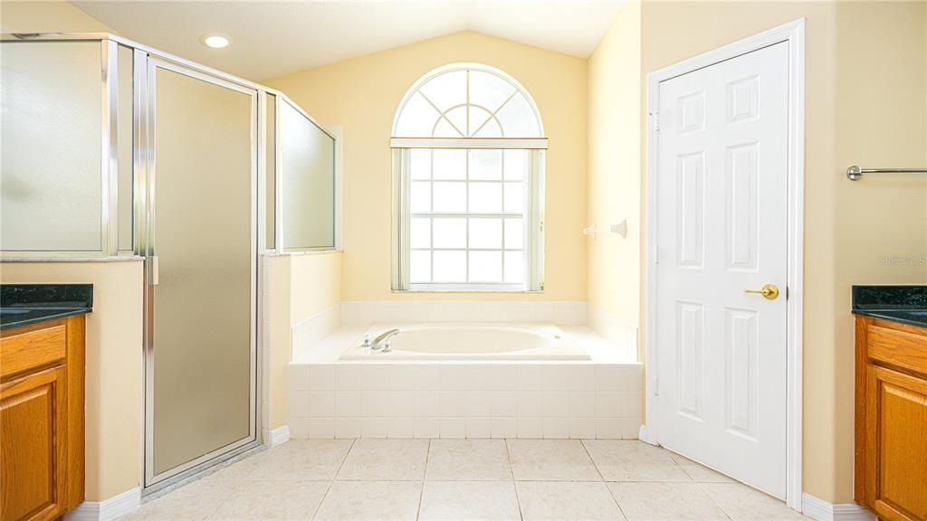 Master bathroom with garden tub and deep stand alone shower. Double vanity with sinks. Private commode.