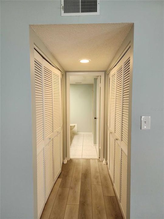 Hall with closets, leading into master bathroom