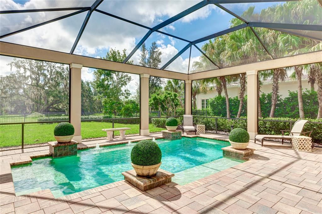 Inviting saltwater pool in a caged in lanai