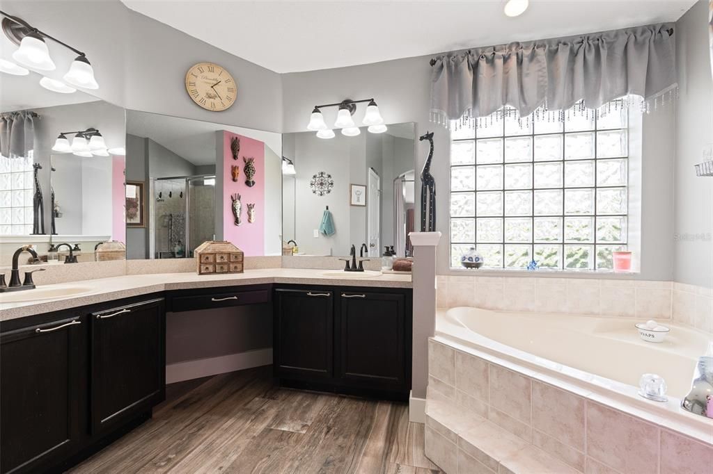 master bathroom with dual sinks, walk in shower and soaking tub.