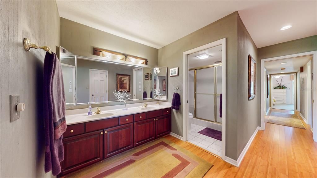 Primary Suite en suite bathroom. Updated cabinets, bamboo floors custom light fixture