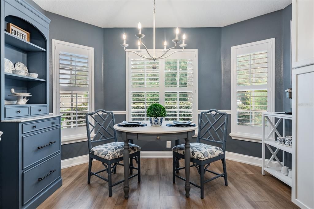 Plantation shutters highlight the eat-in area