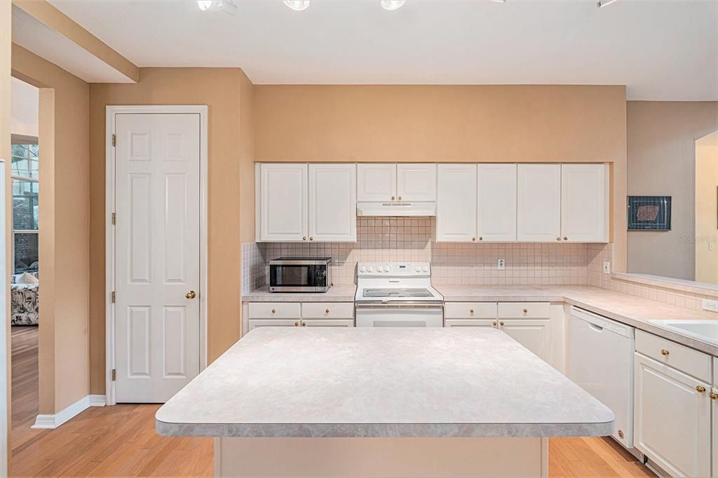 Tons of cabinet space, a large island and a walk-in pantry complete this large kitchen