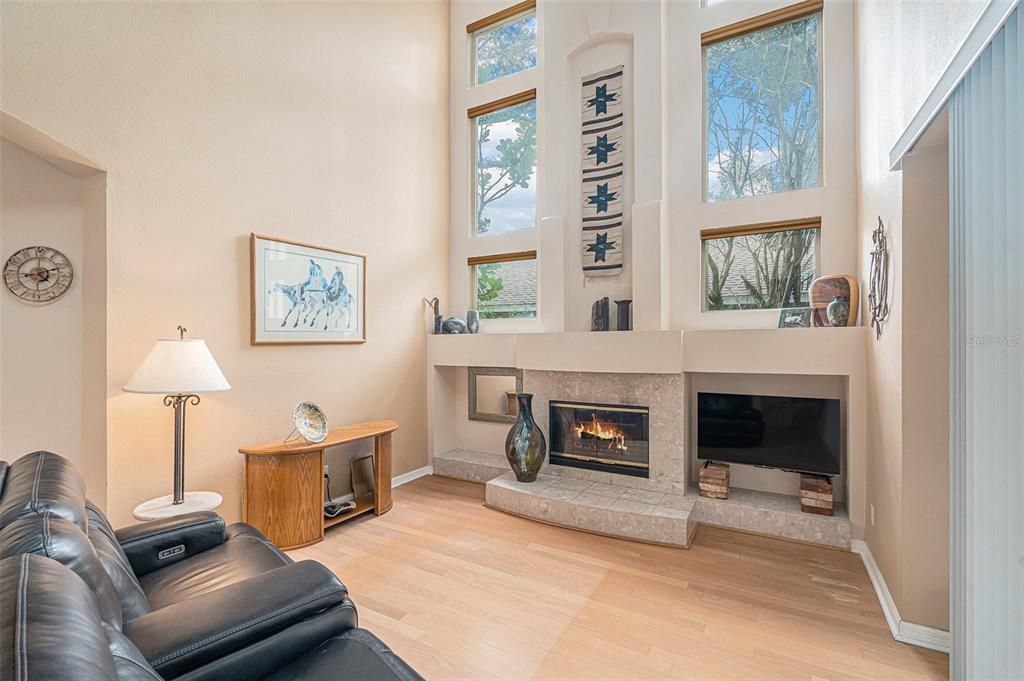 The family room is amazing with huge windows and a wood-burning fire place