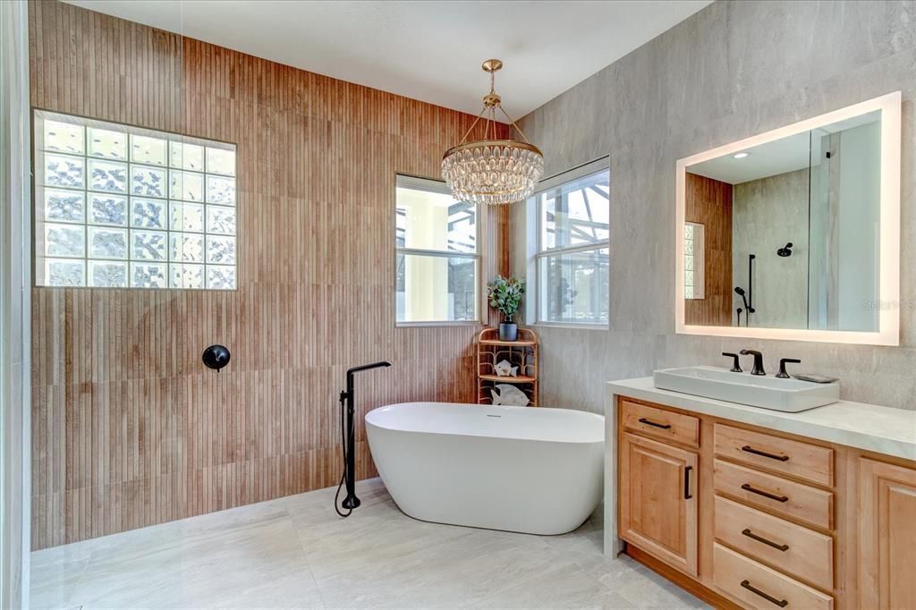 Primary Bathroom with Ribbon Tiled Shower